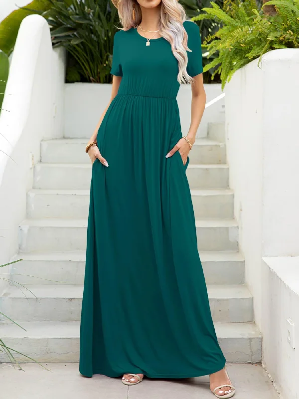 Round Neck Short Sleeve Maxi Dress with Pockets Stylish A-Line Maxi Dress