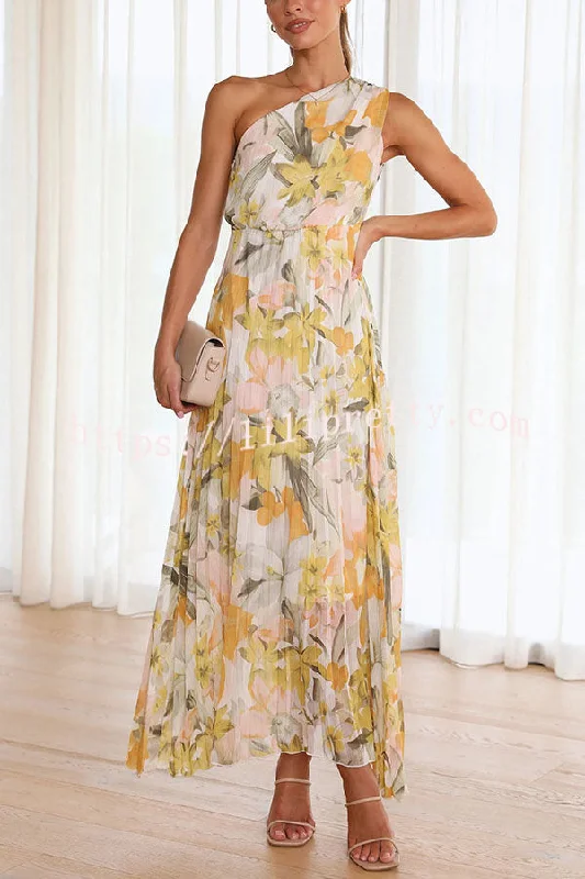 Lilipretty Saw An Angel Floral One Shoulder Elastic Waist Pleated Maxi Dress Stylish Long Sleeve Maxi Dress