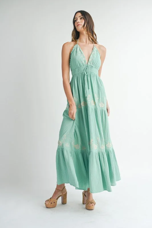 Seagreen Gauze Floral Embroidered Maxi Dress Fashionable High-Low Maxi Dress