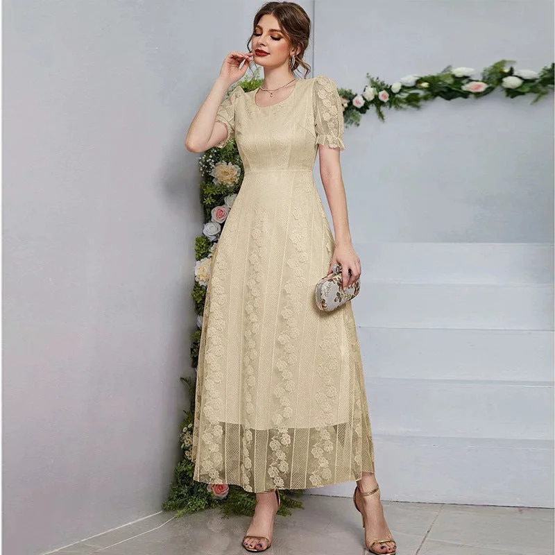 Slimming Mesh U Collar Solid Color Maxi Dress Trendy Ruffled Maxi Dress