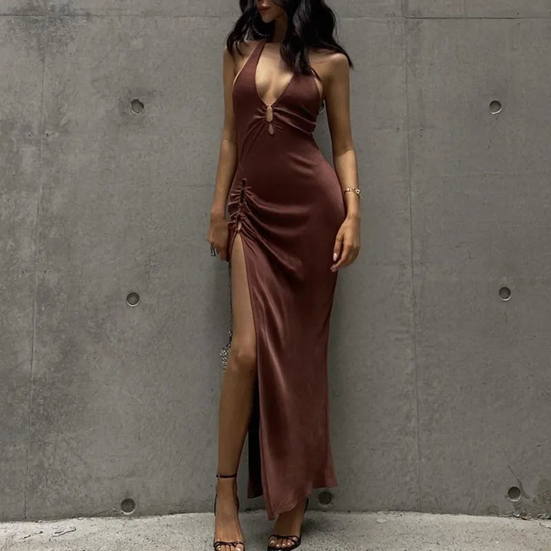 Slit Long Skirt V-neck Maxi Dress Elegant Maxi Dress with Pockets