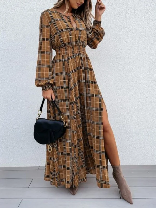 Slit Plaid Tie Neck Long Sleeve Maxi Dress Cozy Cold-Shoulder Maxi Dress