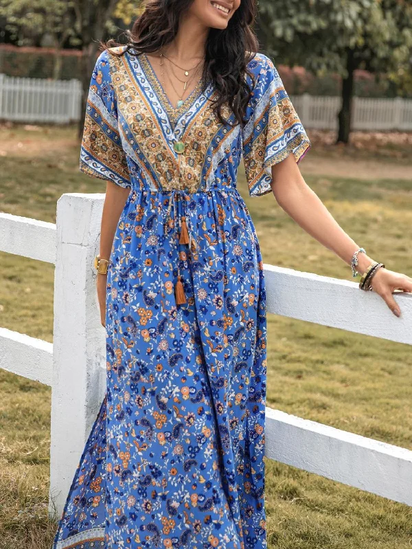 Slit Printed V-Neck Half Sleeve Maxi Dress Stylish Off-Shoulder Maxi Dress