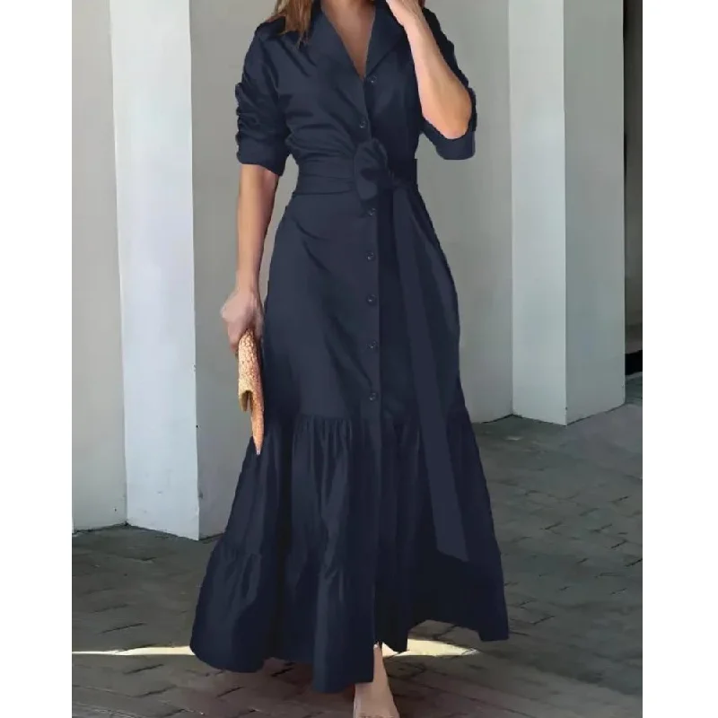 Zjkrl - Solid Button Front Belted Dress, Elegant Ruched Sleeve Ruffle Trim Maxi Dress, Women's Clothing Trendy V-Neck Maxi Dress