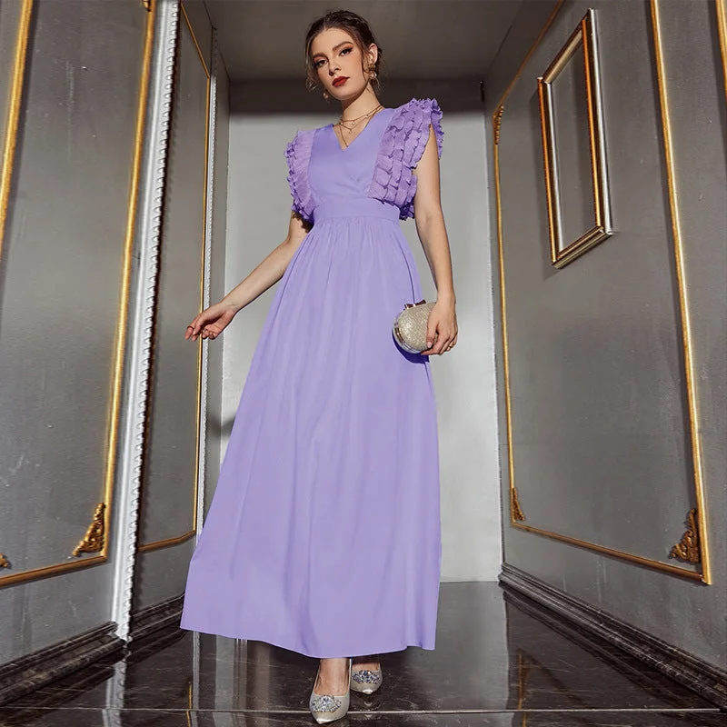Solid Color V Neck Sleeveless High Waist Maxi Dress Comfortable Cotton Maxi Dress