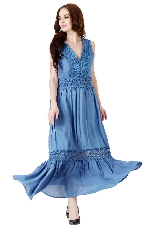Solid Frill Maxi Dress with Lace Comfortable Satin Maxi Dress