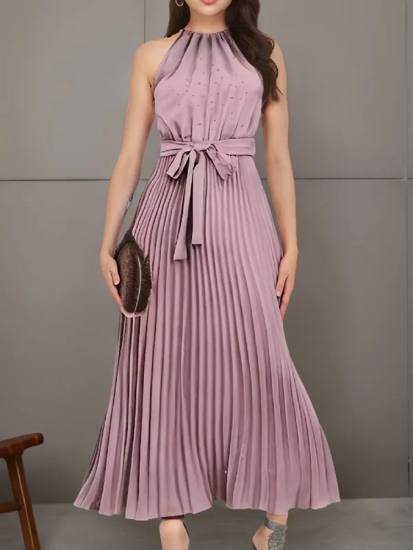 Solid Pleated Dress, Elegant Sleeveless Knotted Maxi Dress, Women's Clothing Fashionable Open-Back Maxi Dress Solid Pleated Dress, Elegant Sleeveless Knotted Maxi Dress, Women's Clothing Fashionable Open-Back Maxi Dress