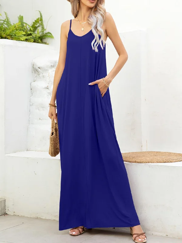 Spaghetti Strap V-Neck Maxi Dress with Pockets Fashionable Halter Neck Maxi Dress