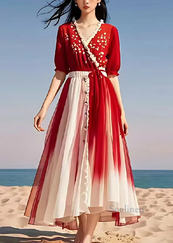 Stylish Red V Neck Print Tie Waist Chiffon Maxi Dresses Summer Chic Sleeveless Maxi Dress Stylish Red V Neck Print Tie Waist Chiffon Maxi Dresses Summer Chic Sleeveless Maxi Dress