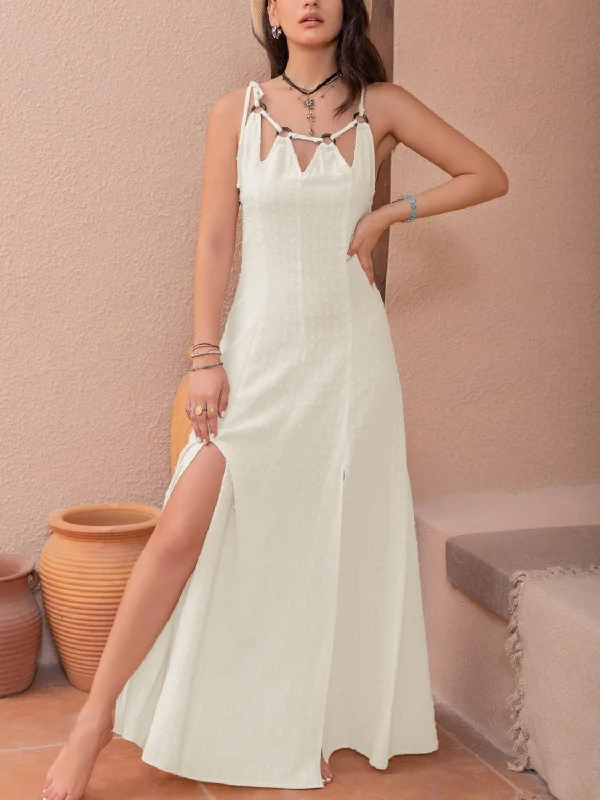 Swiss Dot Cutout Sleeveless Maxi Dress Stylish Pleated A-Line Maxi Dress