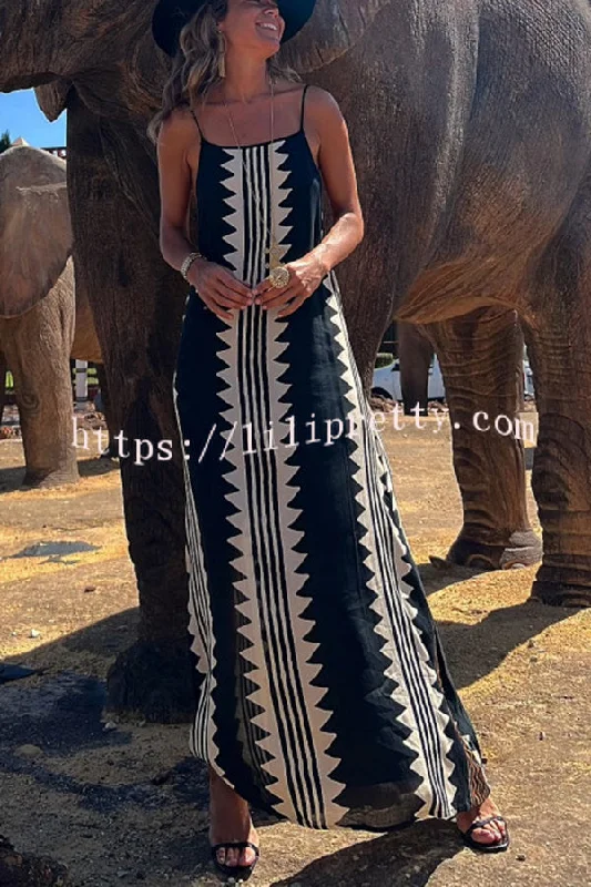 Lilipretty Take A Trip Ethnic Print Backless A-line Maxi Dress Comfortable Ruffle Hem Maxi Dress