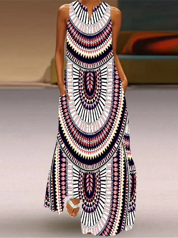 Tribal Print Notch Neck Dress, Boho Sleeveless Maxi Dress With Pockets, Women's Clothing Comfortable Long-Sleeve Maxi Dress Tribal Print Notch Neck Dress, Boho Sleeveless Maxi Dress With Pockets, Women's Clothing Comfortable Long-Sleeve Maxi Dress
