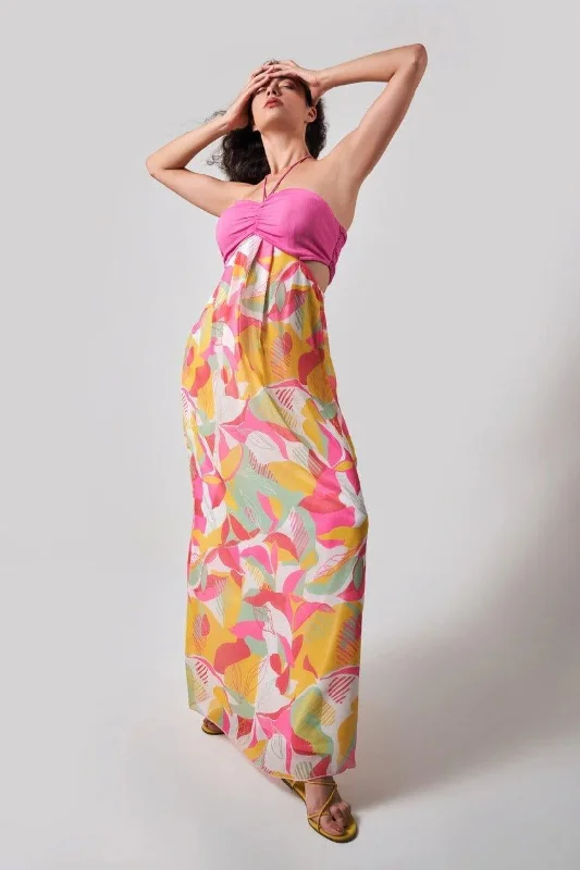 TROPICAL HALTER NECK MAXI DRESS Elegant Floral Maxi Dress