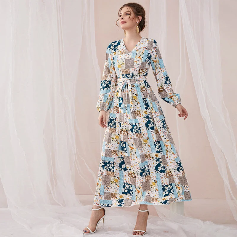 V-neck Long Sleeve Floral Print Maxi Dress Elegant Maxi Dress with Lace