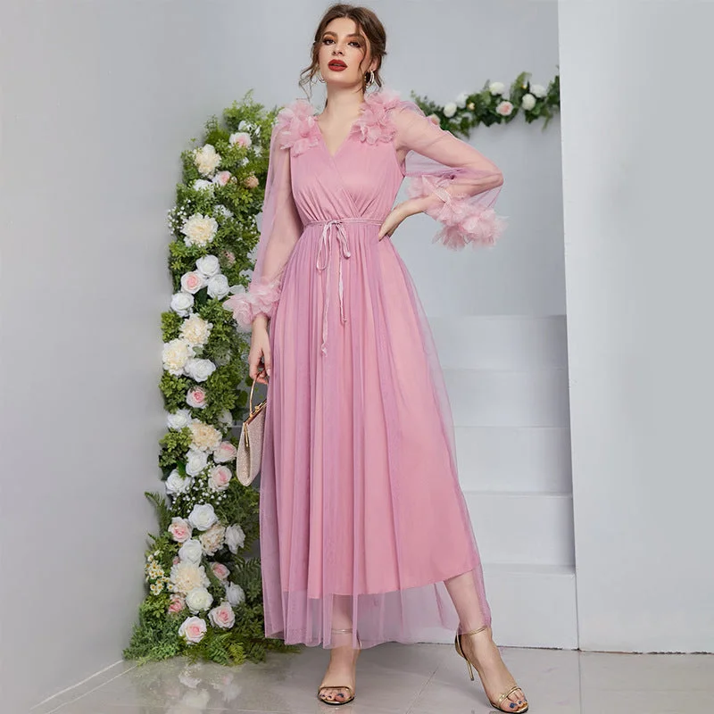 V Neck Long Sleeve High Waist Lace Maxi Dress Comfortable Ruffle Hem Maxi Dress