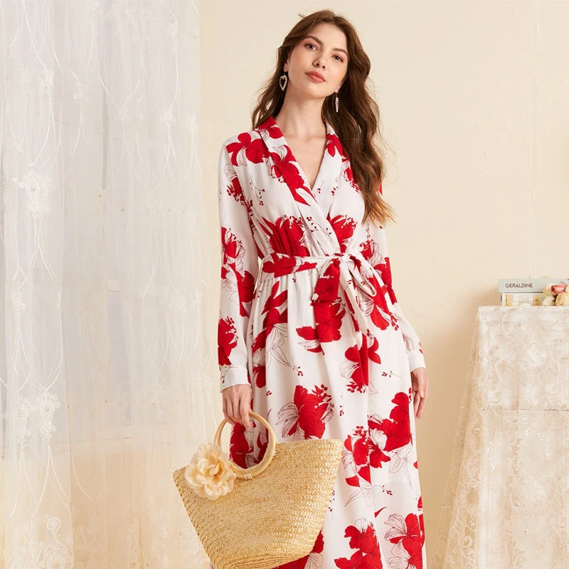 V Neck Long Sleeve Maxi Dress Trendy Printed Maxi Dress