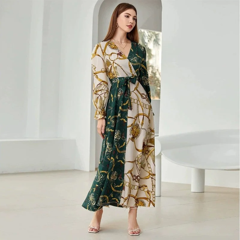 V Neck Long Sleeve Printed Maxi Dress Cozy Longline Maxi Dress