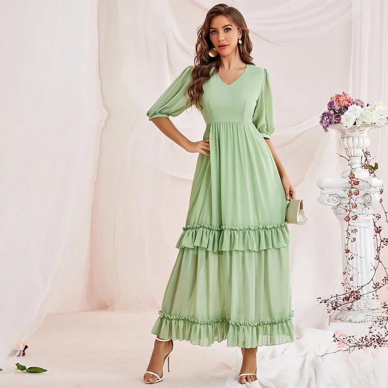 V Neck Short Sleeve Tiered Maxi Dress Cozy Cold-Shoulder Maxi Dress