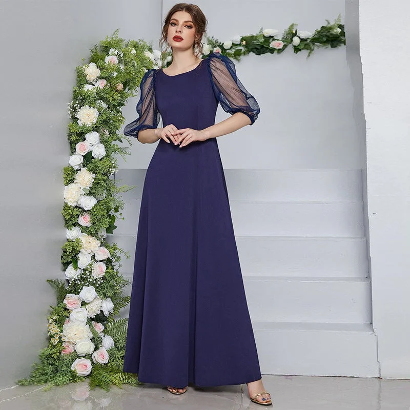 Voile Round Neck Half Sleeve Maxi Dress Comfortable Long-Sleeve Maxi Dress