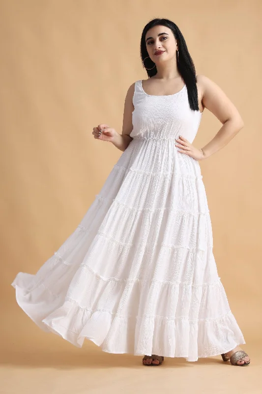 White Solid Frill Maxi Dress Stylish Pleated A-Line Maxi Dress