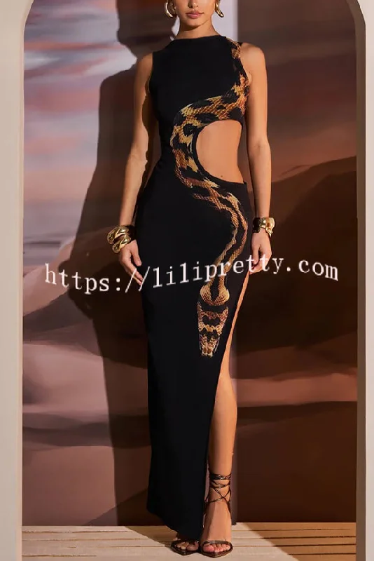 Wild Charm Snake Pattern Cut Out Detail Slit Stretch Maxi Dress Cozy Open-Back Maxi Dress