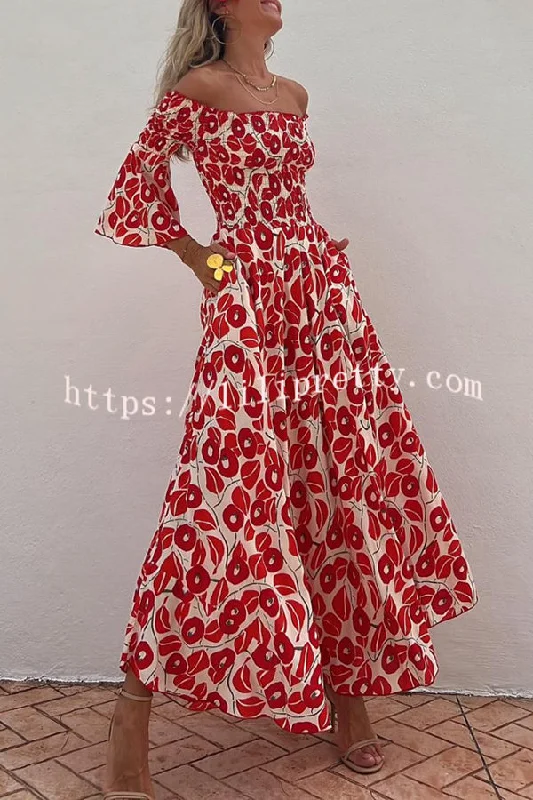 Close To The Vacation Floral Print Smocked Off Shoulder Pocketed Maxi Dress Fashionable Chiffon Tiered Maxi Dress