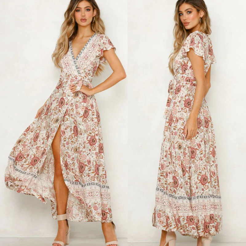 Zjkrl - Women Bohemian V Neck Summer Maxi Dress Butterfly Short Sleeve Floral High Split Long Dress Wrap High Waist Bandage Sundress Comfortable Plunging Neckline Maxi Dress