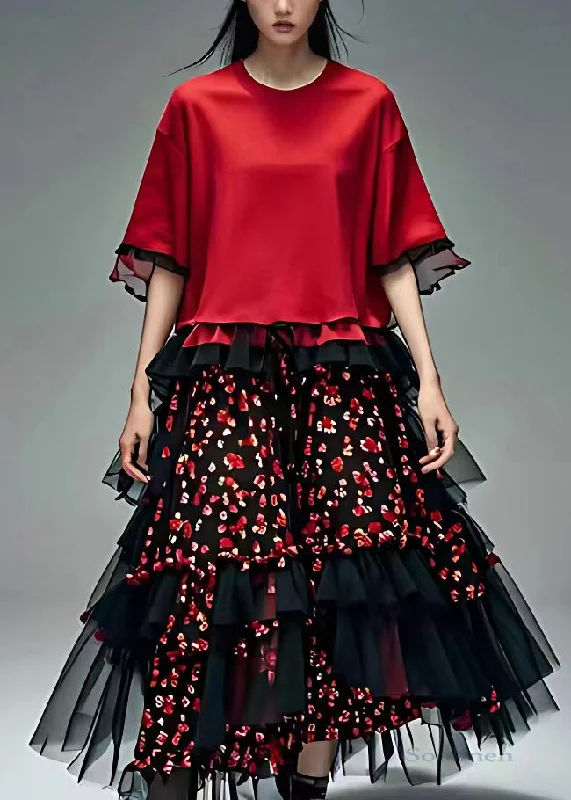 Women Red O-Neck Tulle Patchwork Chiffon Maxi Dress Summer Comfortable Flowy Maxi Dress Women Red O-Neck Tulle Patchwork Chiffon Maxi Dress Summer Comfortable Flowy Maxi Dress
