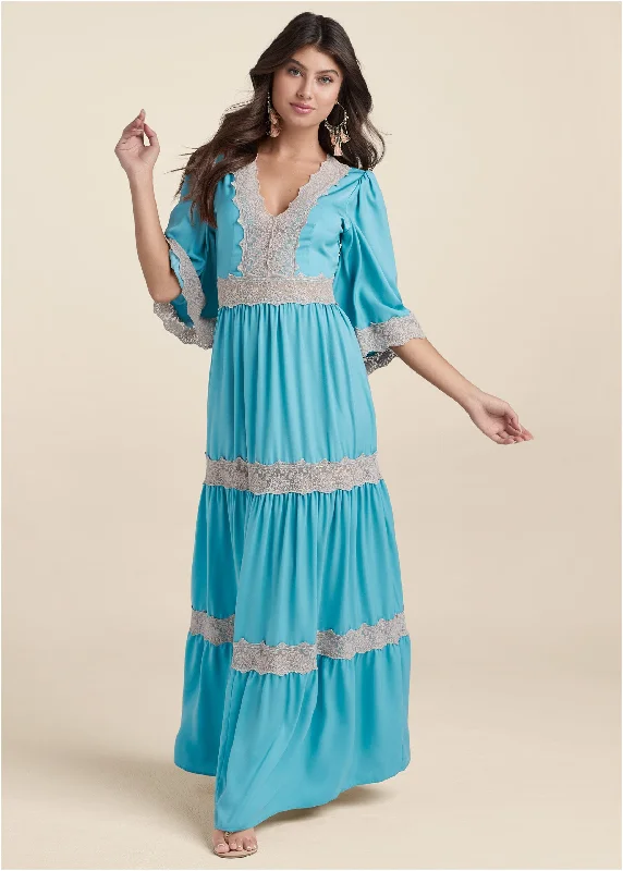 Lace Detail Maxi Dress - Aqua Multi Comfortable Long-Sleeve Maxi Dress