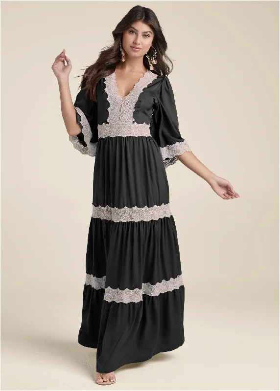 Lace Detail Maxi Dress - Black Multi Trendy Short Sleeve Maxi Dress