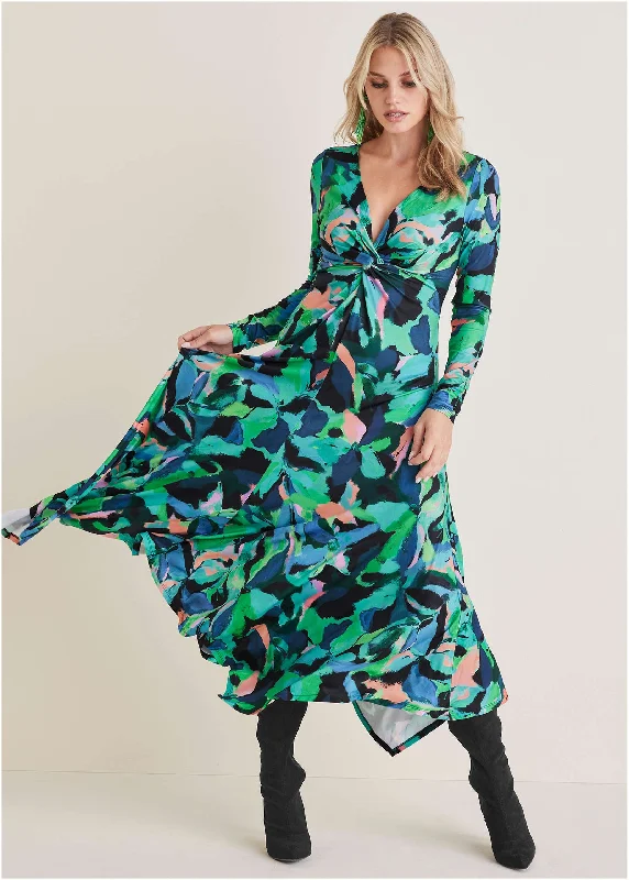Plunge Twist Maxi Dress - Brushed Petals Classic Black Maxi Dress
