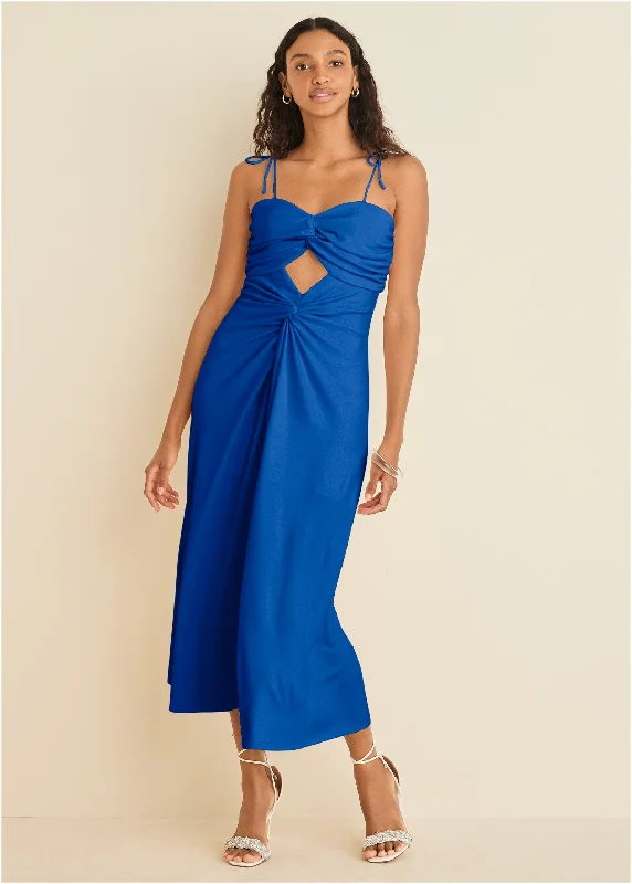 Ruched Cutout Maxi Dress - Blue Trendy Maxi Dress with Bow