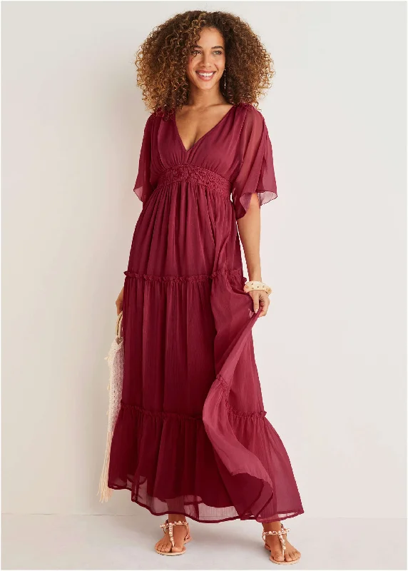 Flutter Sleeve Maxi Dress - Wine Chic Summer Floral Maxi Dress