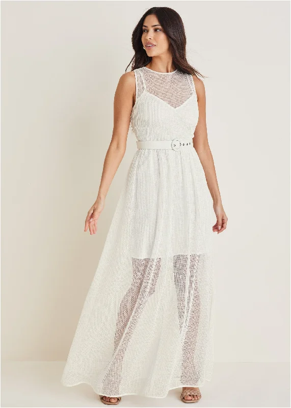 Diamond Lace Maxi Dress - Off White Stylish Button-Up Maxi Dress