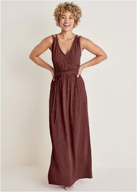 Braided Detail Maxi Dress - Auburn Cozy Maxi Dress with Slit