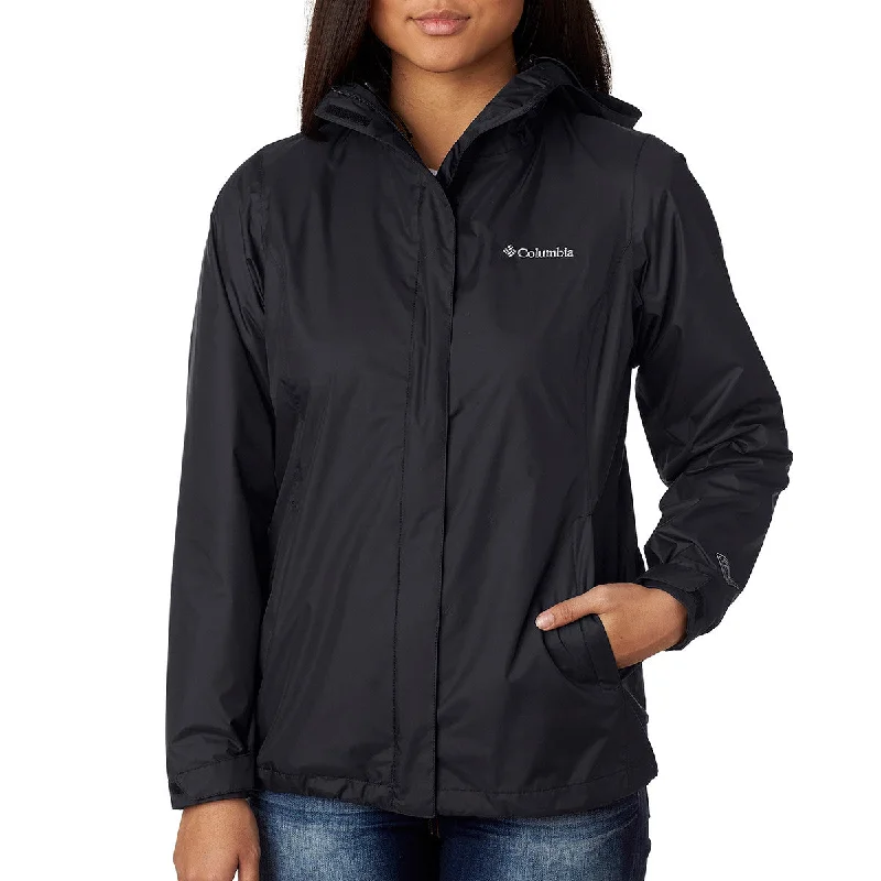 Columbia Women's Black Arcadia II Rain Jacket Front Pockets Side Pockets Patch Pockets Columbia Women's Black Arcadia II Rain Jacket Front Pockets Side Pockets Patch Pockets