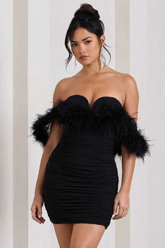 Confetti | Black Sweetheart Mini Dress With Chiffon Feather Sleeves Cozy A-Line Mini Dress