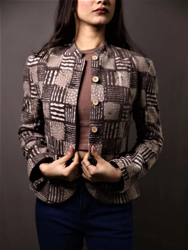 Dabu Printed Cotton Jacket Natural Black And Grey Notch Collar Peter Pan Collar Cowl Neck