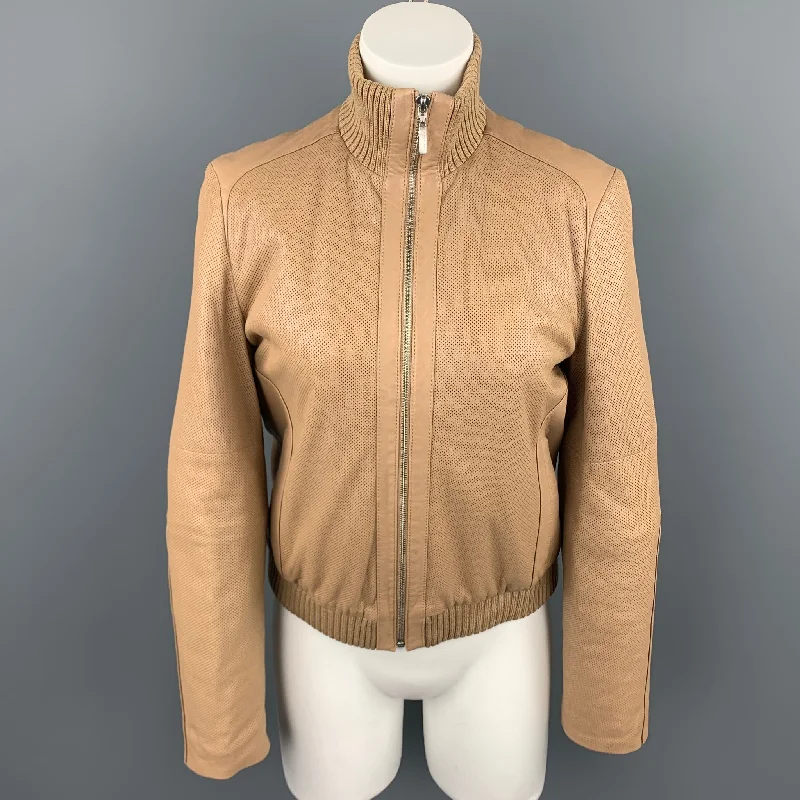 ESCADA Size 4 Beige Perforated Leather Bomber Jacket Herringbone Jacket Houndstooth Jacket Plaid Jacket ESCADA Size 4 Beige Perforated Leather Bomber Jacket Herringbone Jacket Houndstooth Jacket Plaid Jacket