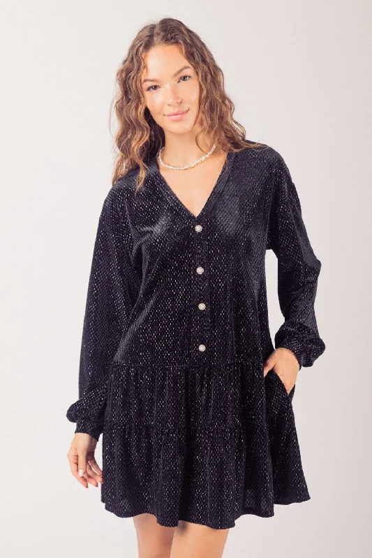 Glitzy Long Sleeve Velvet Mini Dress - Black Comfortable Casual Mini Dress