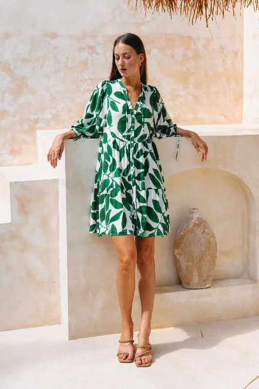 Ivy Green Tropical Button Down Mini Dress Comfortable Polka Dot Mini Dress