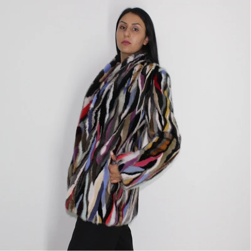 OMIKRON Multi-color mink jacket Hoodie Zip-Up Jacket Button-Up Jacket