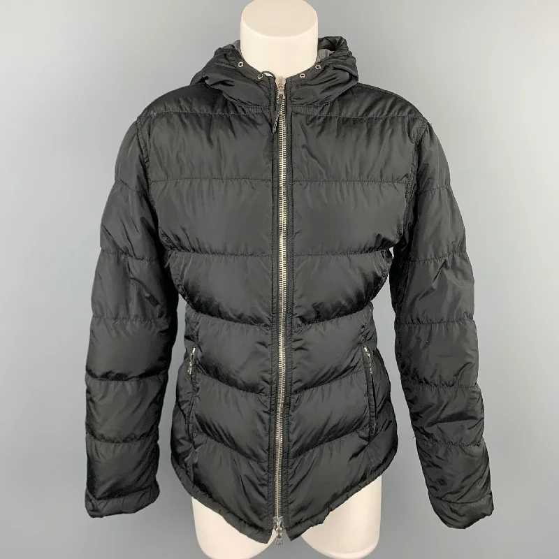 PRADA Size 6 Black Quilted Nylon Hooded Jacket Belted Jacket Elasticated Jacket Padded Jacket PRADA Size 6 Black Quilted Nylon Hooded Jacket Belted Jacket Elasticated Jacket Padded Jacket