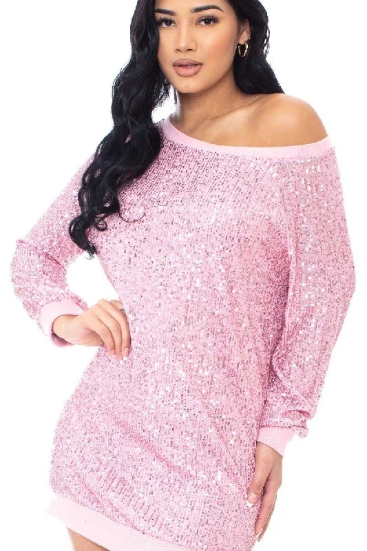 Sequin Wide Neck Boxy Mini Dress Stylish Ruffle Mini Dress