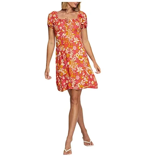 Women's Summer Square Neck Short Puff Sleeve Mini Dress Floral Print A Line Short Dress Fashion Zip Back Dresses | Original Brand Classic Solid Mini Dress