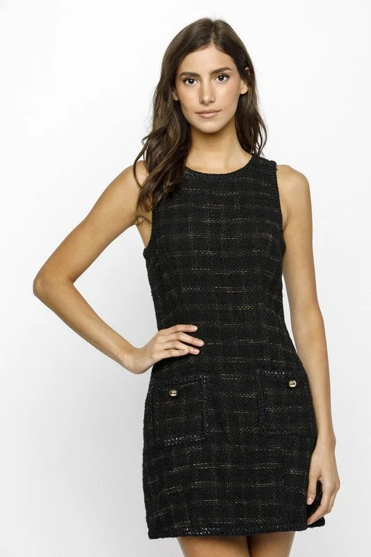 Black Plaid Tweed Bodycon Mini Dress Elegant Sequin Mini Dress