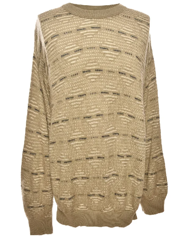 Patterned Brown Knit Jumper - M Mesh Sweater Canvas Denim