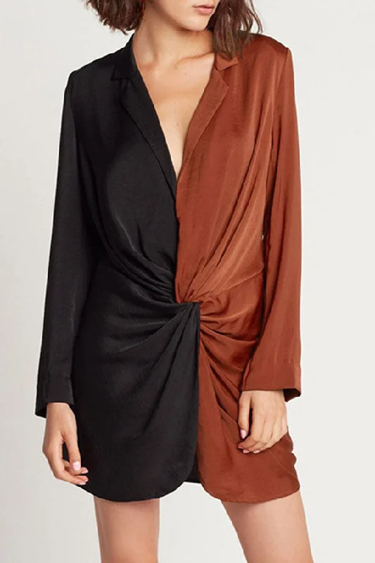 Two Tones V-neck Twist Mini Dress Comfortable Linen Mini Dress