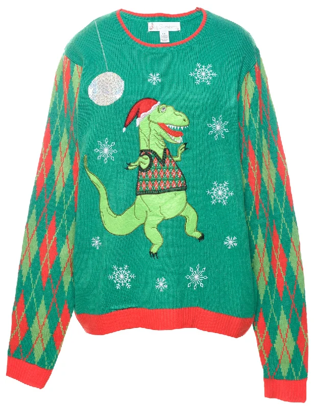 Animal Design Christmas Jumper - L Hooded Sweater Collared Sweater Shawl Collar