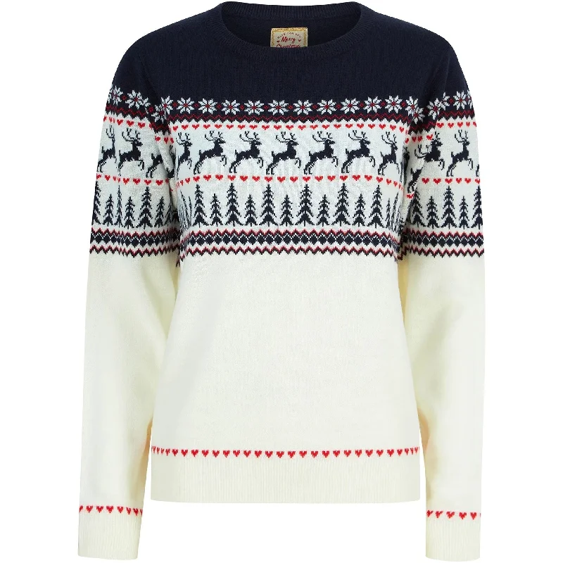 Christmas Reindeer Heart Nordic Fairisle Womens Jumper - Cream Seamless Knitted Crochet